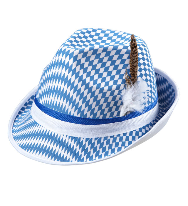 Fedora-Hut mit Bayerischer Flagge und Federschmuck für Fasnacht und Karneval