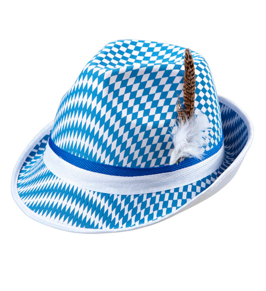 Fedora-Hut mit Bayerischer Flagge und Federschmuck für Fasnacht und Karneval