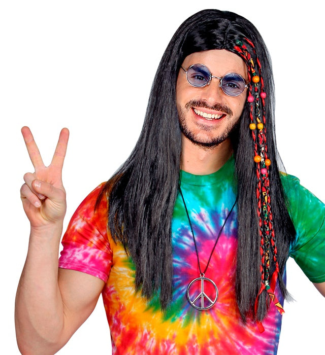 Bunte Hippie-Perücke mit geflochtenen Zöpfen und Perlen in Box