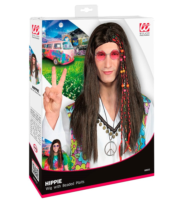 Bunte Hippie-Perücke mit geflochtenen Zöpfen und Perlen in Box