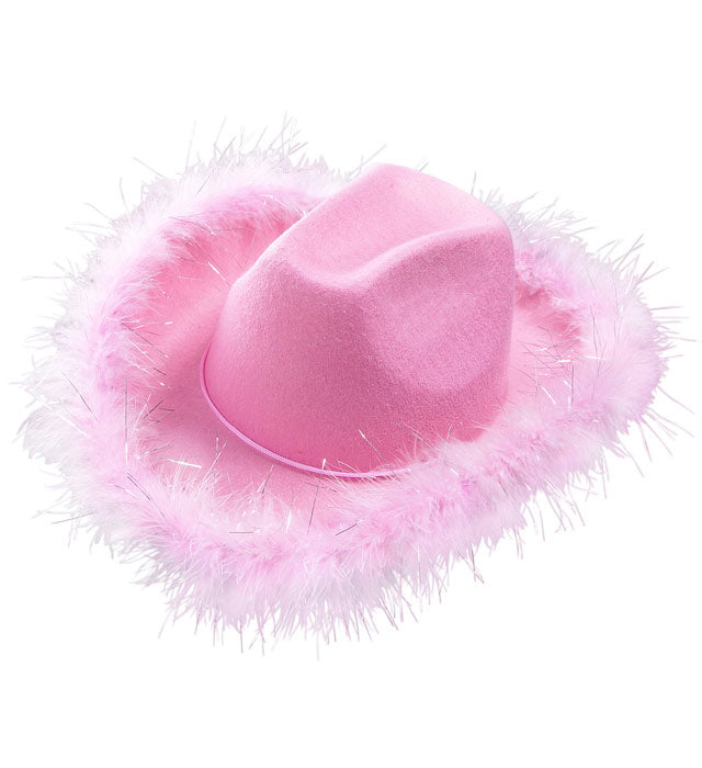 Rosa Cowgirlhut aus Filz mit weißem Marabou für Fasnacht