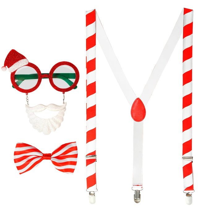 Weihnachtsmann-Set mit Brille, Hosenträger und Fliege für festliche Anlässe
