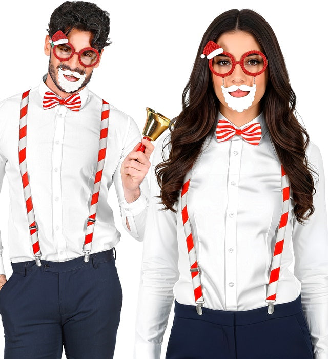 Weihnachtsmann-Set mit Brille, Hosenträger und Fliege für festliche Anlässe