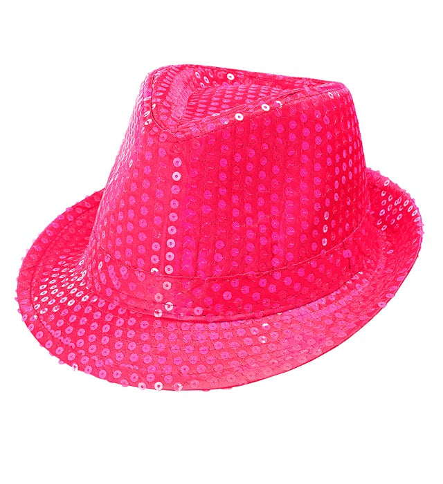 Neon pinker Fedora-Hut mit glitzernden Pailletten als Fasnacht-Accessoire