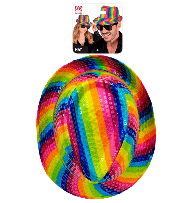 Regenbogen Fedora Hut mit glitzernden Pailletten für Fasnacht und Karneval