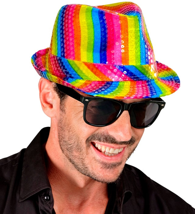 Regenbogen Fedora Hut mit glitzernden Pailletten für Fasnacht und Karneval