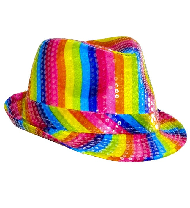 Regenbogen Fedora Hut mit glitzernden Pailletten für Fasnacht und Karneval
