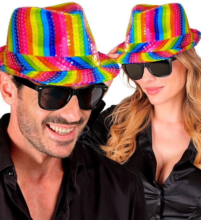 Regenbogen Fedora Hut mit glitzernden Pailletten für Fasnacht und Karneval