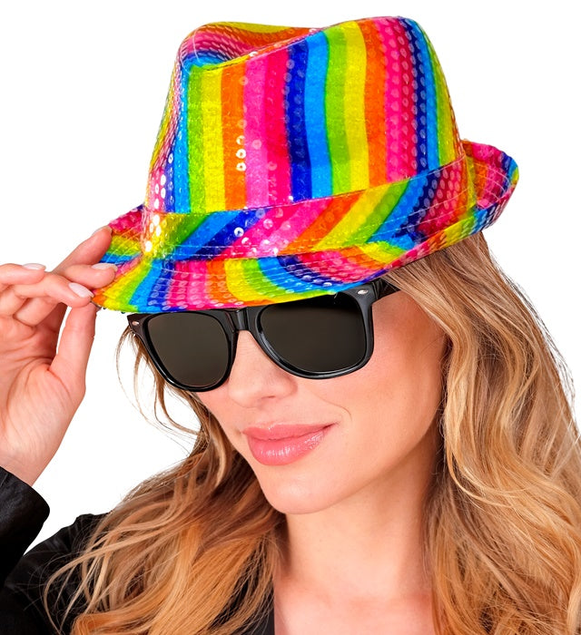 Regenbogen Fedora Hut mit glitzernden Pailletten für Fasnacht und Karneval