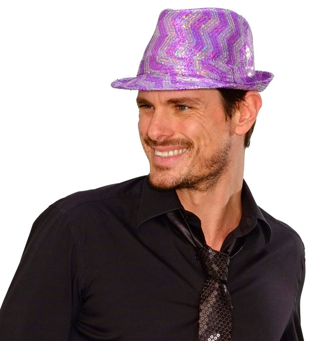 Zickzack Pailletten Fedora in Rosa, Violett und Türkis – Fasnacht Accessoire