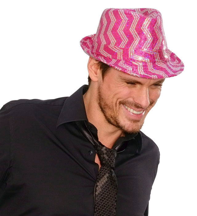 Zickzack Pailletten Fedora in Rosa, Violett und Türkis – Fasnacht Accessoire