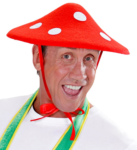 Roter Fliegenpilz-Hut mit weißen Punkten als Fasnacht-Kostümzubehör