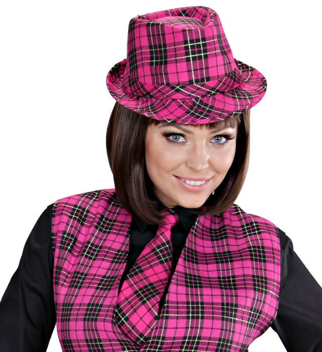 Pinke Tartanfedora mit Karomuster als Fasnacht-Accessoire