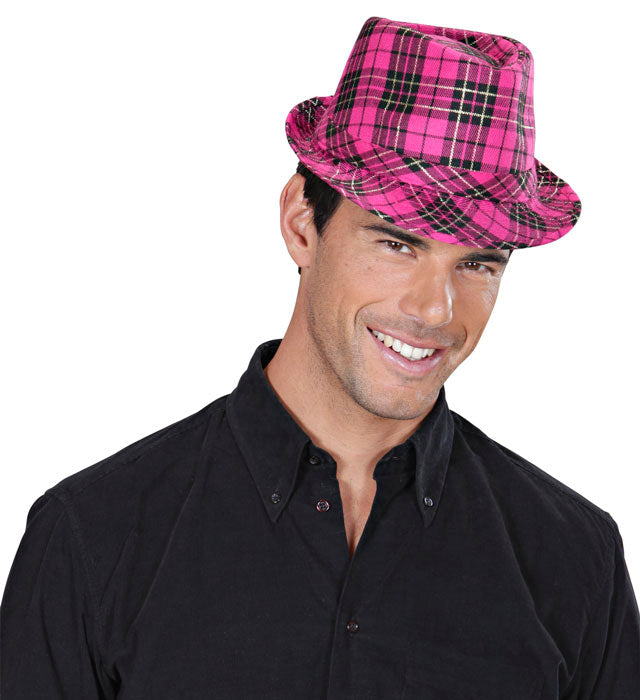Pinke Tartanfedora mit Karomuster als Fasnacht-Accessoire