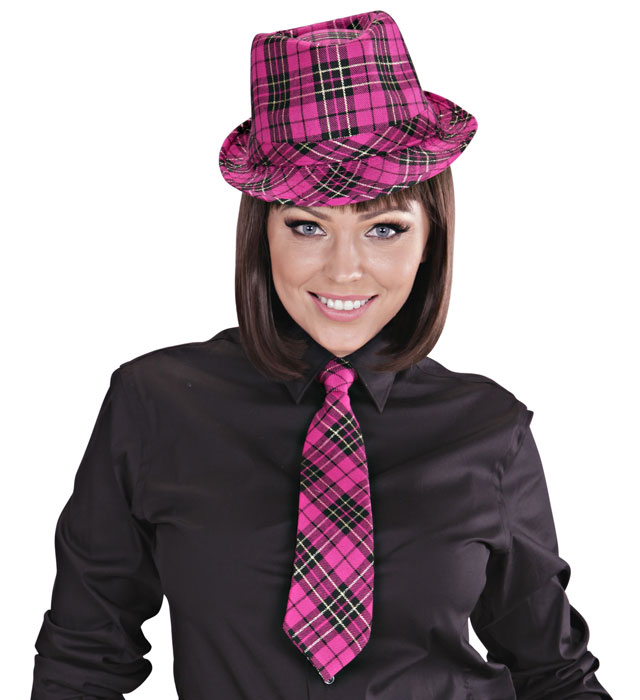 Pinke Tartanfedora mit Karomuster als Fasnacht-Accessoire