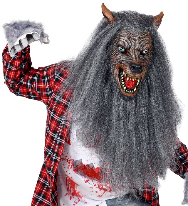 Werwolf Vollkopfmaske mit Kunstfell für Halloween und Fasnacht