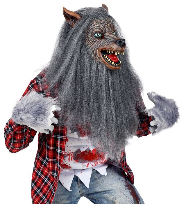 Werwolf Vollkopfmaske mit Kunstfell für Halloween und Fasnacht