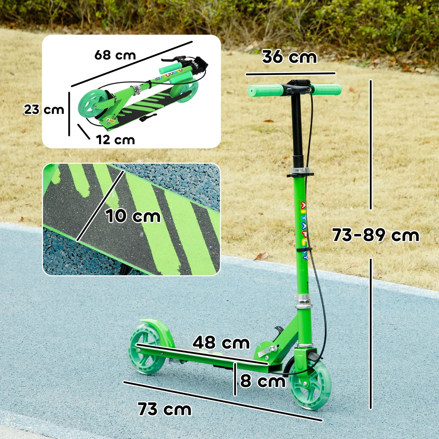 Grüner Kinderroller mit faltbarem Design, doppelten Bremsen und leuchtenden Rädern.
