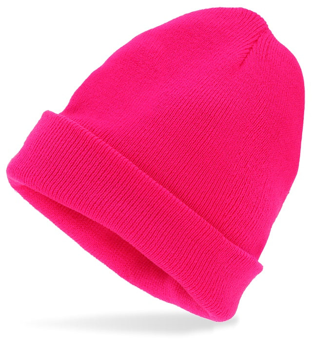 Neon pinke Beanie Mütze in Wolloptik auf weißem Hintergrund