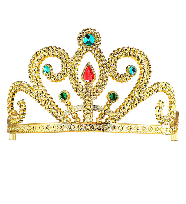 Golden schimmerndes Diadem mit funkelnden Schmucksteinen auf weißem Hintergrund