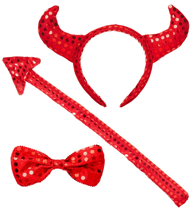 Teufels-Set aus Pailletten mit Hörnern, Fliege und Schwanz für Fasnacht und Halloween