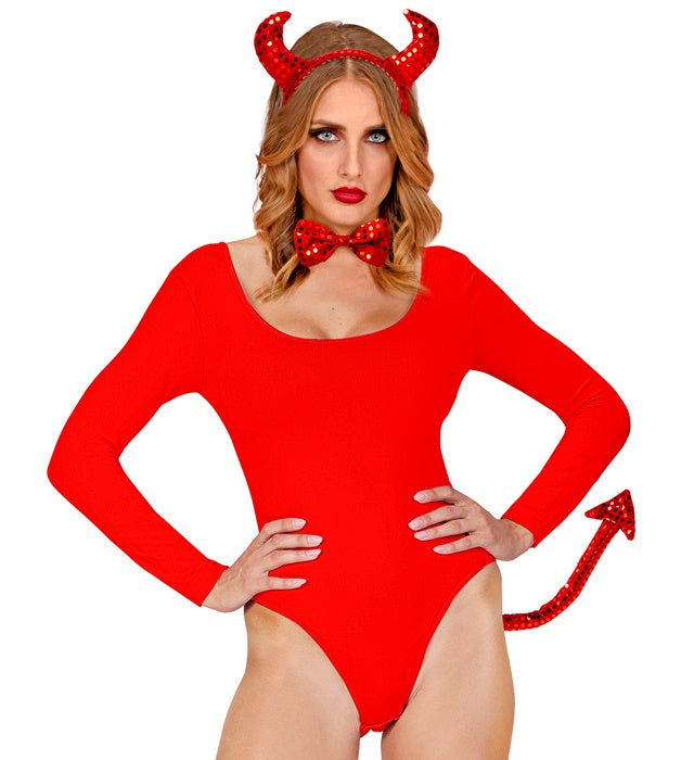 Teufels-Set aus Pailletten mit Hörnern, Fliege und Schwanz für Fasnacht und Halloween