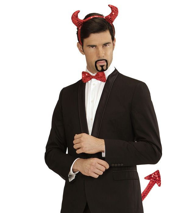 Teufels-Set aus Pailletten mit Hörnern, Fliege und Schwanz für Fasnacht und Halloween