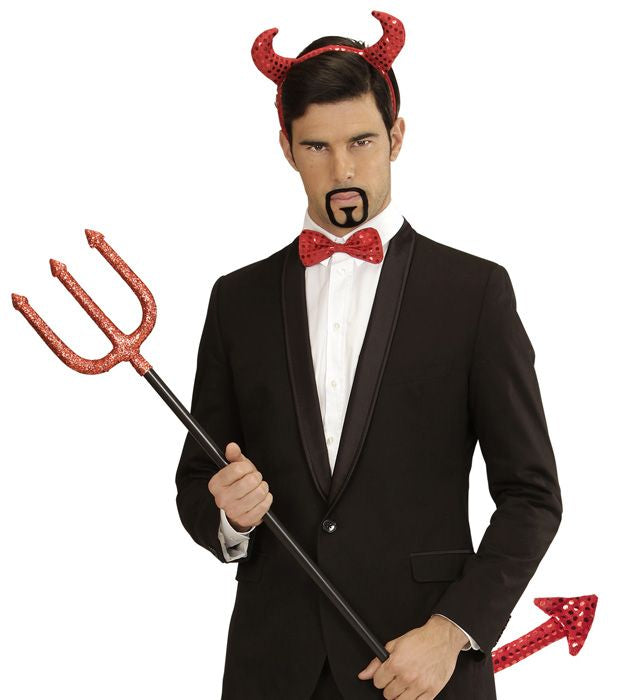 Teufels-Set aus Pailletten mit Hörnern, Fliege und Schwanz für Fasnacht und Halloween