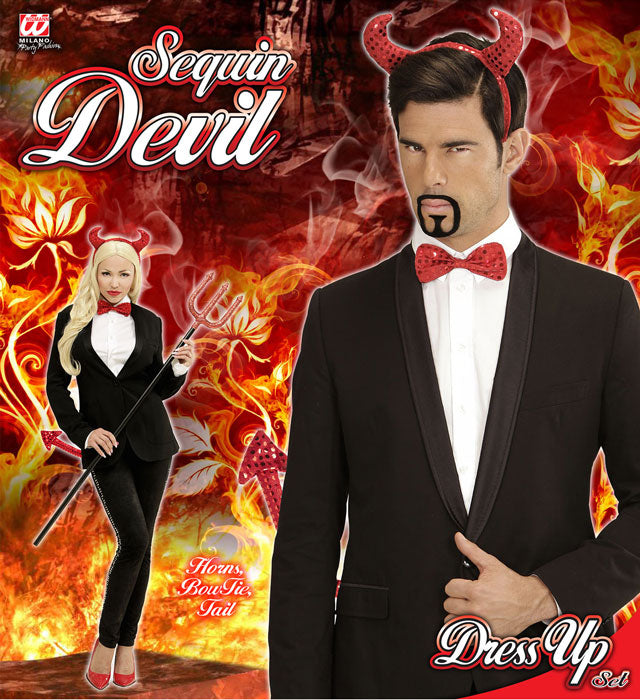 Teufels-Set aus Pailletten mit Hörnern, Fliege und Schwanz für Fasnacht und Halloween