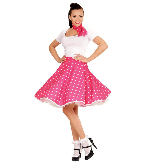 Gepunkteter 50er Jahre Rock mit rosa Halstuch ideal für Fasnacht und Karneval
