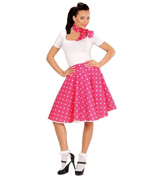 Gepunkteter 50er Jahre Rock mit rosa Halstuch ideal für Fasnacht und Karneval
