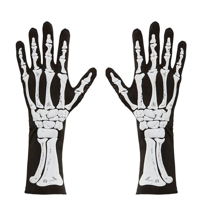 Skelett-Handschuhe 35 cm in schwarzer Farbe mit weißem Knochenmuster