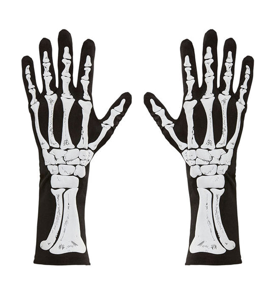 Skelett-Handschuhe 35 cm in schwarzer Farbe mit weißem Knochenmuster
