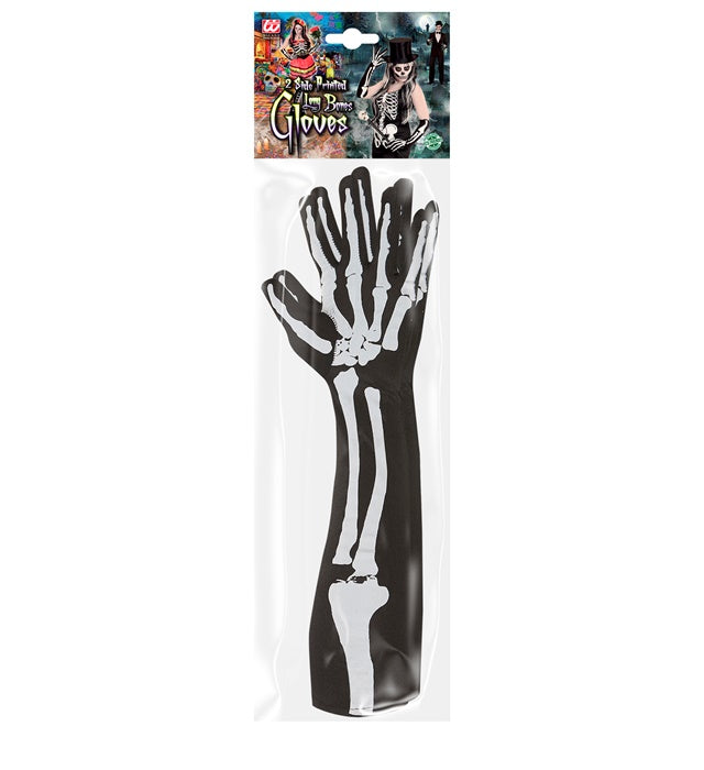 Skelett-Handschuhe 50 cm lang mit bedrucktem Knochenmuster Vorder- und Rückseite