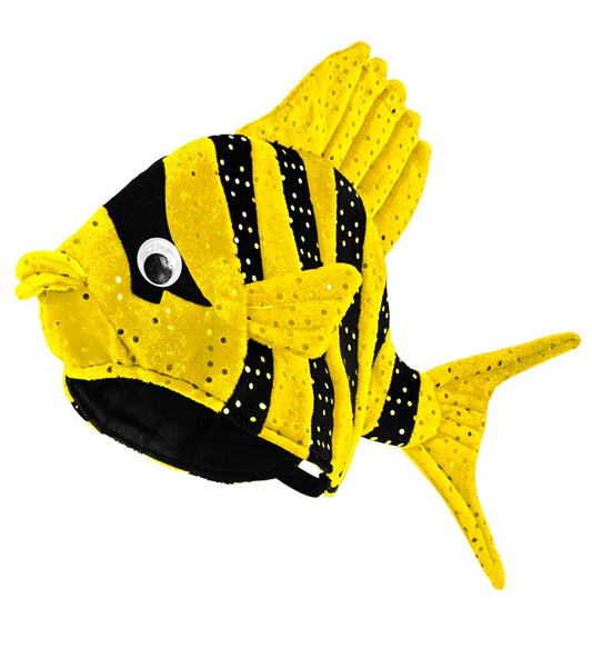Gelber Tropenfischhut mit buntem Design für Fasnacht und Karneval
