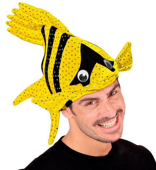 Gelber Tropenfischhut mit buntem Design für Fasnacht und Karneval