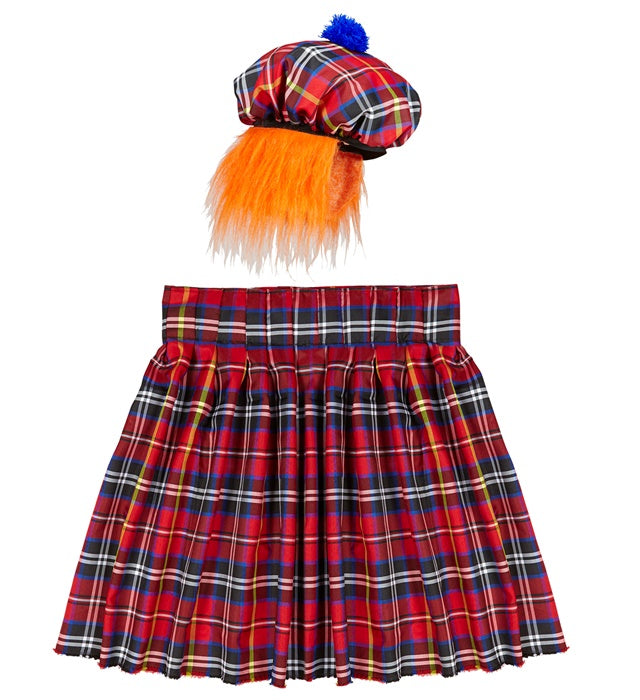 Schottischer Kilt mit passendem Hut und Haaren für Fasnacht und Karneval