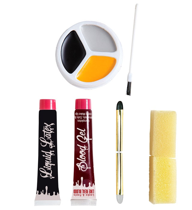Zombie Make-up Kit mit flüssigem Latexblut, schwarzem und grauem Eyeliner sowie dreifarbigen Farben