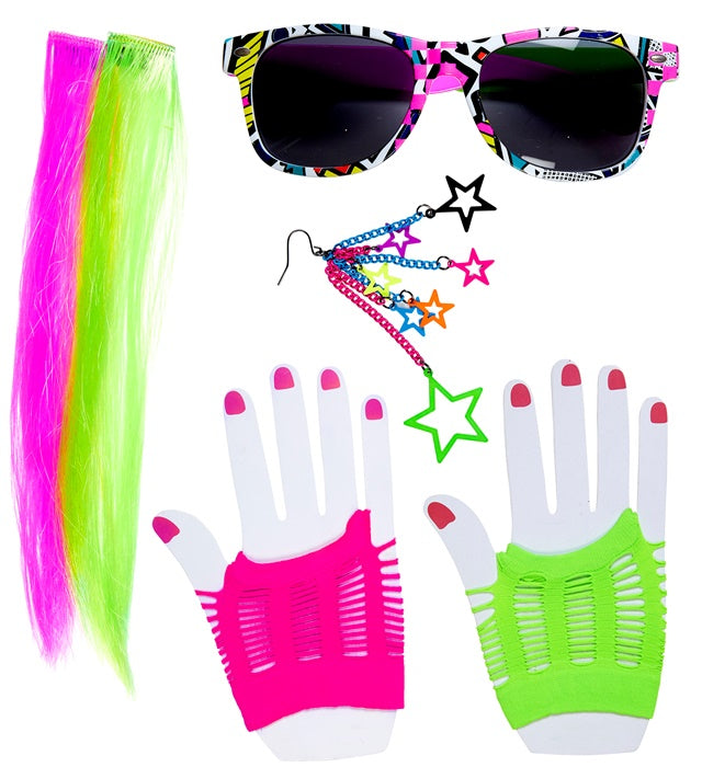 80's Girl Set mit Neon Haar-Extensions, Brille, Handschuhen und Ohrring für Fasnacht