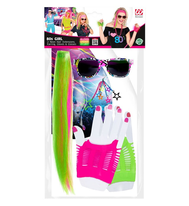 80's Girl Set mit Neon Haar-Extensions, Brille, Handschuhen und Ohrring für Fasnacht
