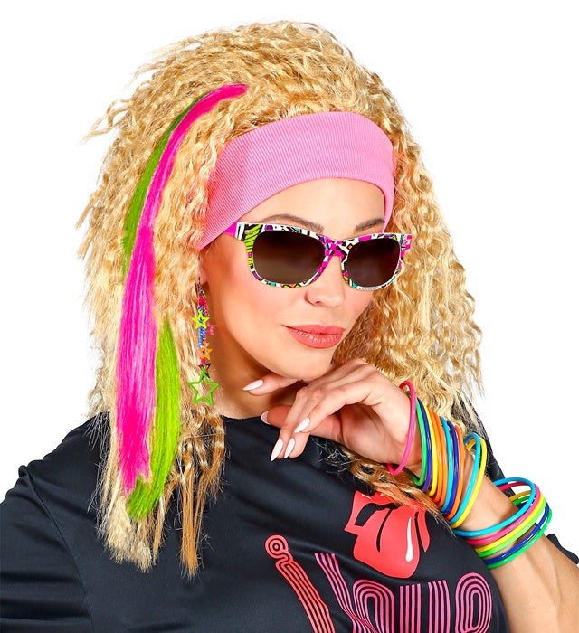 80's Girl Set mit Neon Haar-Extensions, Brille, Handschuhen und Ohrring für Fasnacht