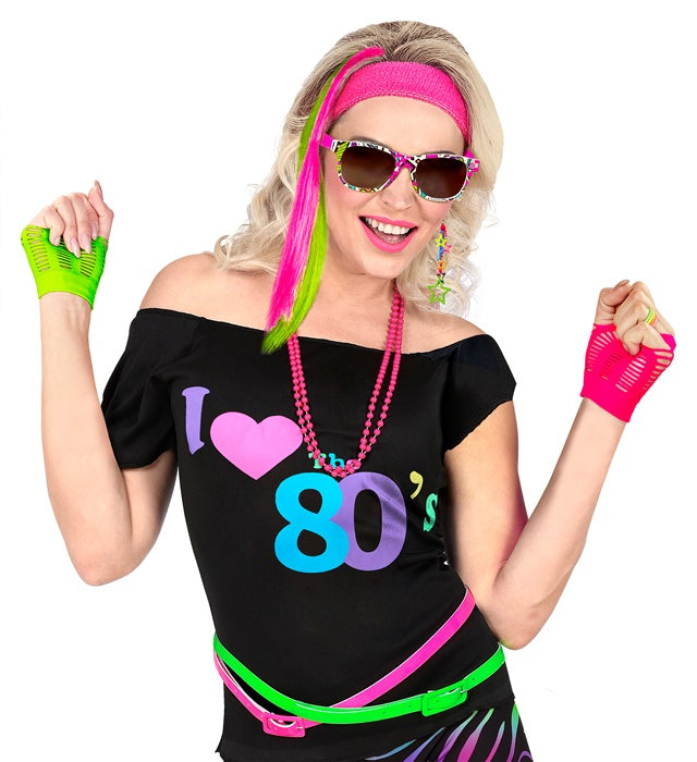 80's Girl Set mit Neon Haar-Extensions, Brille, Handschuhen und Ohrring für Fasnacht