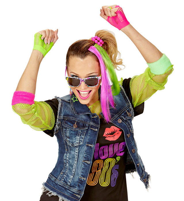 80's Girl Set mit Neon Haar-Extensions, Brille, Handschuhen und Ohrring für Fasnacht