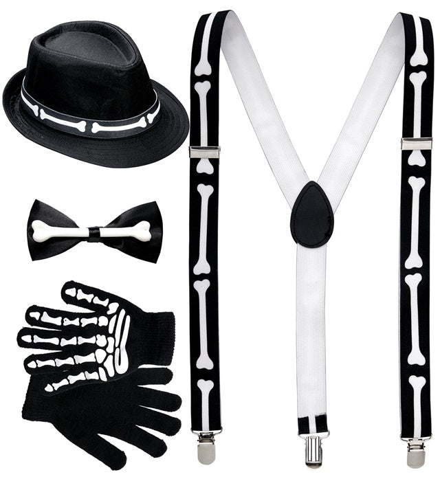 Skelett-Set mit Hosenträgern, Fliege, Handschuhen und Hut für Halloween