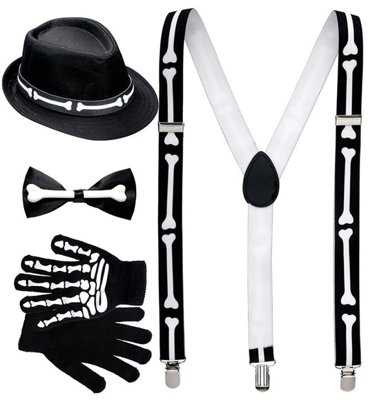 Skelett-Set mit Hosenträgern, Fliege, Handschuhen und Hut für Halloween