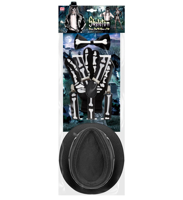 Skelett-Set mit Hosenträgern, Fliege, Handschuhen und Hut für Halloween