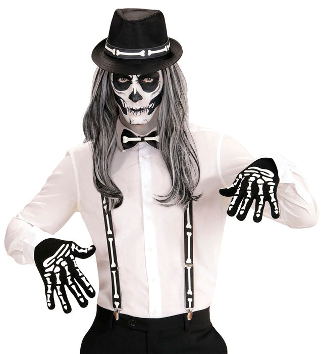 Skelett-Set mit Hosenträgern, Fliege, Handschuhen und Hut für Halloween