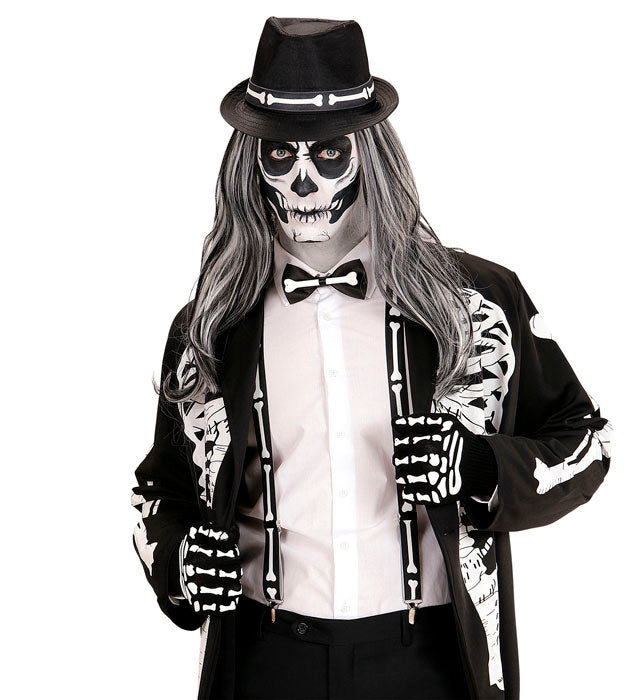 Skelett-Set mit Hosenträgern, Fliege, Handschuhen und Hut für Halloween