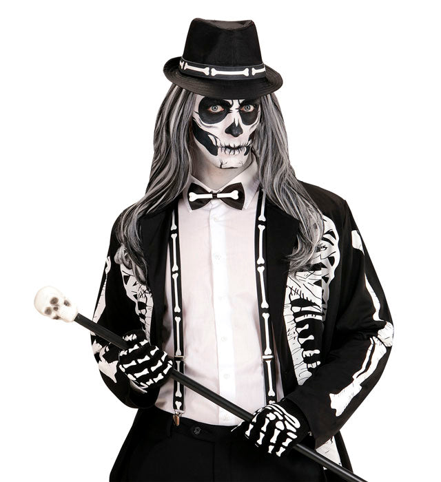 Skelett-Set mit Hosenträgern, Fliege, Handschuhen und Hut für Halloween