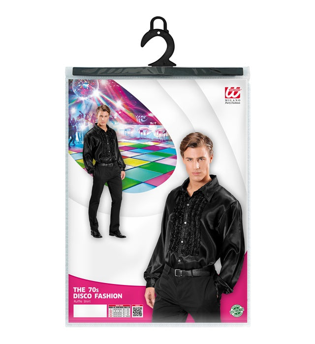 Schwarzes 70er Jahre Rüschenhemd aus Satin für Fasnacht und Karneval